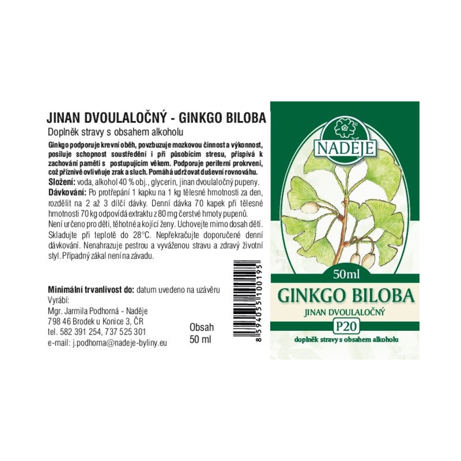 Naděje - Podhorná Jinan dvoulaločný (GINKGO) tinktura z pupenů 50 ml Obrázek