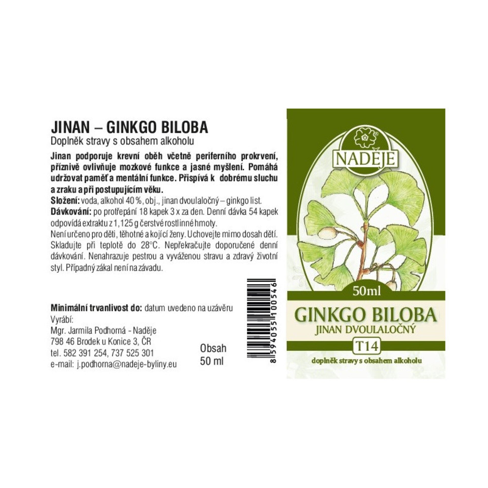 Naděje - Podhorná Jinan dvoulaločný (GINKGO) tinktura z byliny 50 ml Obrázek