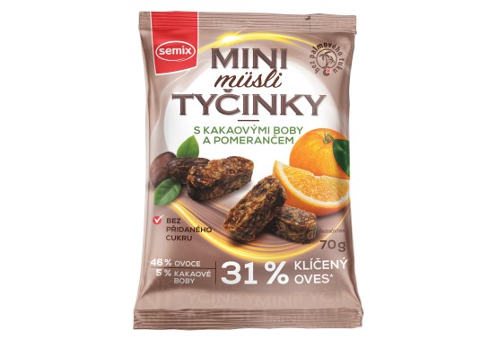 Mini müsli tyčinky s kakaovými boby a pomerančem bez lepku